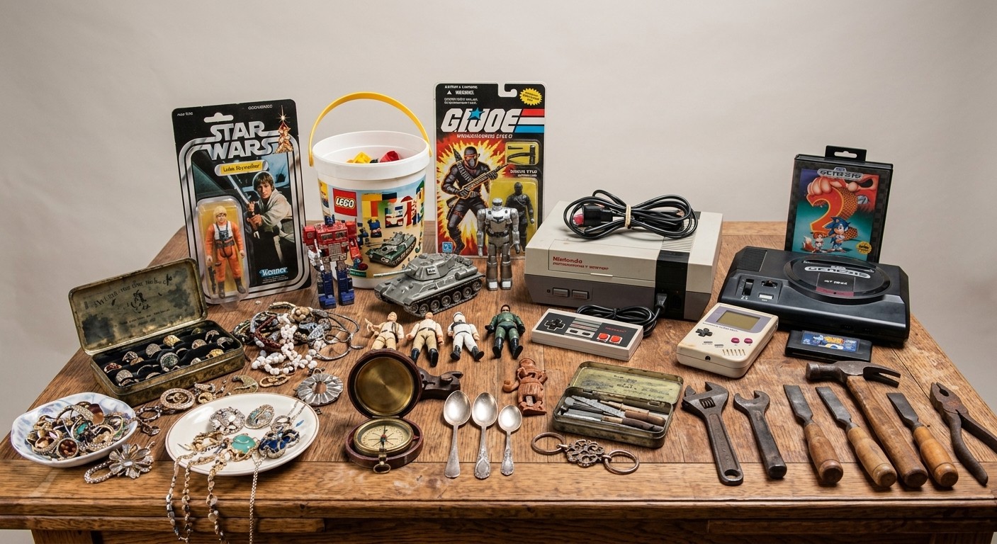 A table covered with a typical submission: carded action figures, a tub of Lego, retro consoles and handhelds, a tin of rings, costume jewellery, silver spoons, a compass and old hand tools.